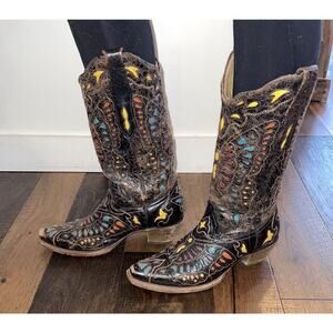 Corral Womens Vintage Cowboy Boots Dark Brown Multicolor Laser Cut Outs size 8.5